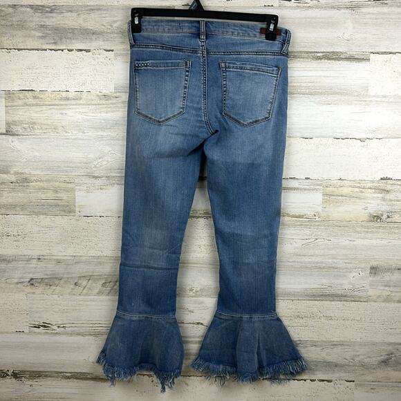 Blank NYC womens sz 27 fringed tulip hem flared cropped jeans - Picture 3 of 7